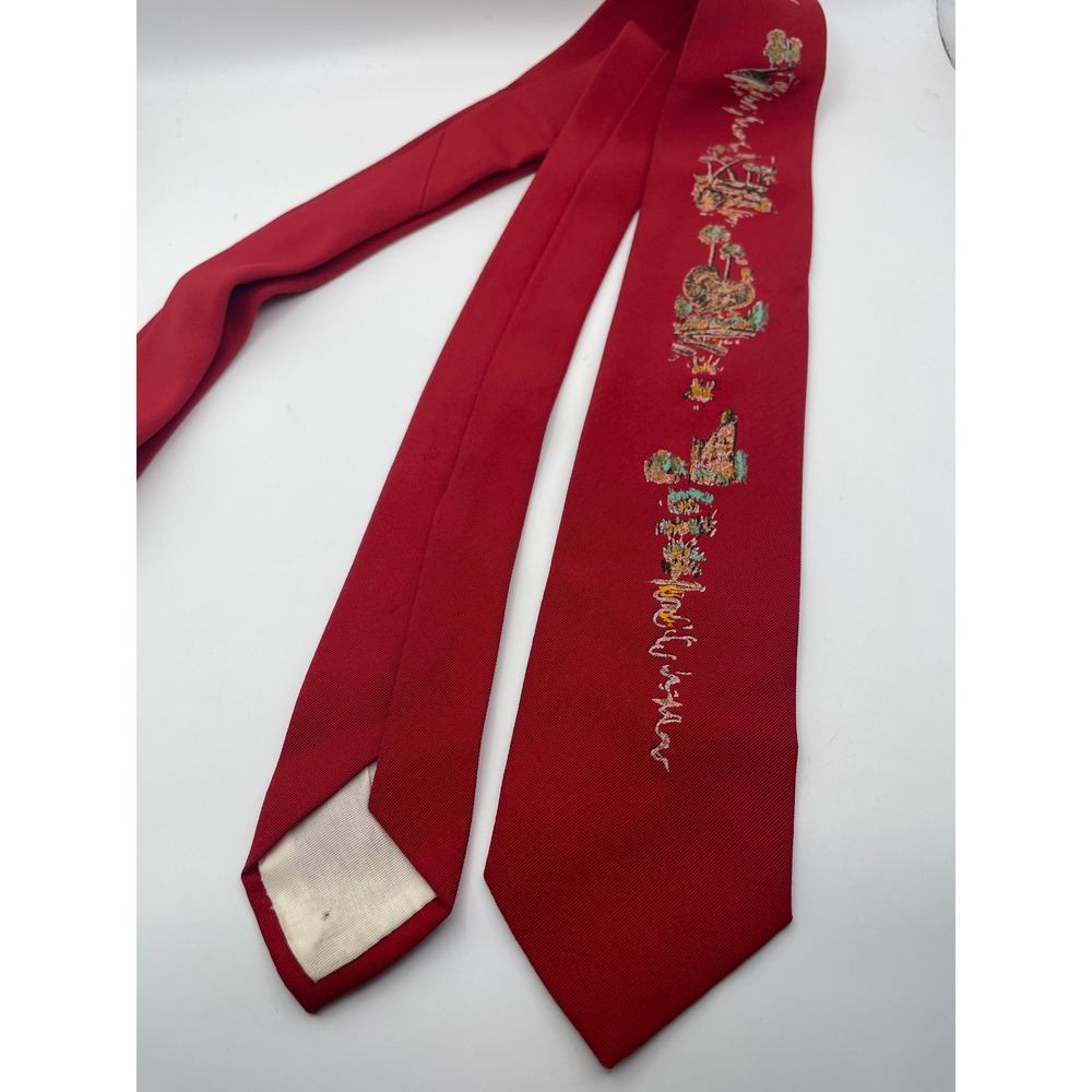Vintage Red Necktie Embroidered Turkey Palm Tree Painted Scene Retro Novelty
